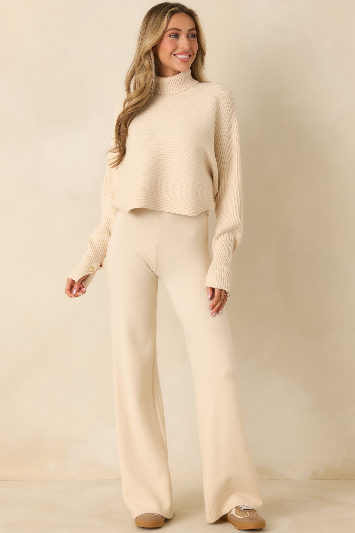 Women's Polished Path Beige Knit Wide Leg Pants | 50% Viscose 2