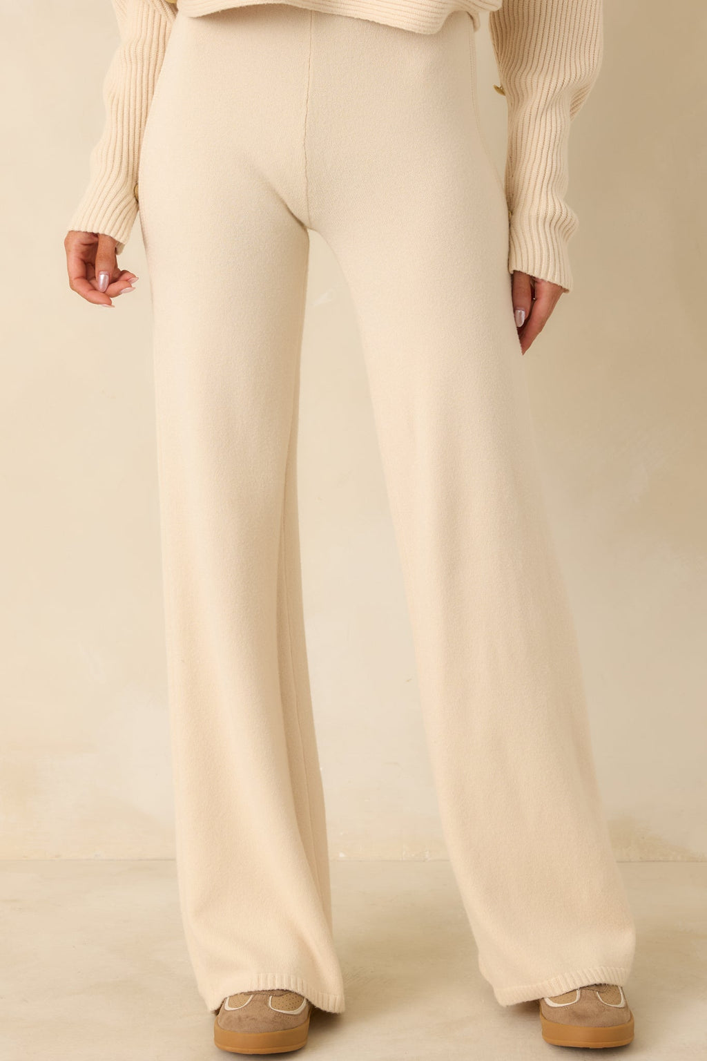 Women's Polished Path Beige Knit Wide Leg Pants | 50% Viscose 3