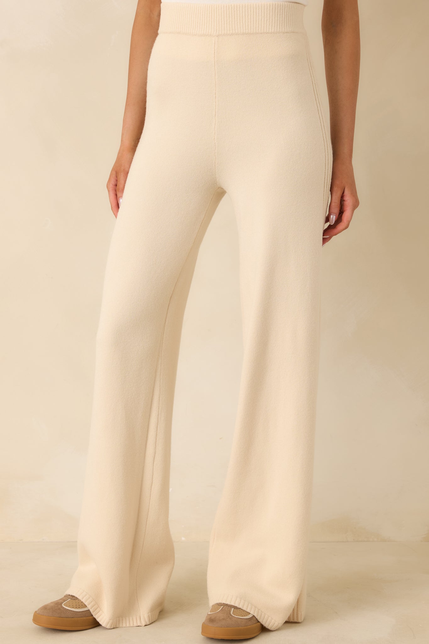 Women's Polished Path Beige Knit Wide Leg Pants | 50% Viscose 4