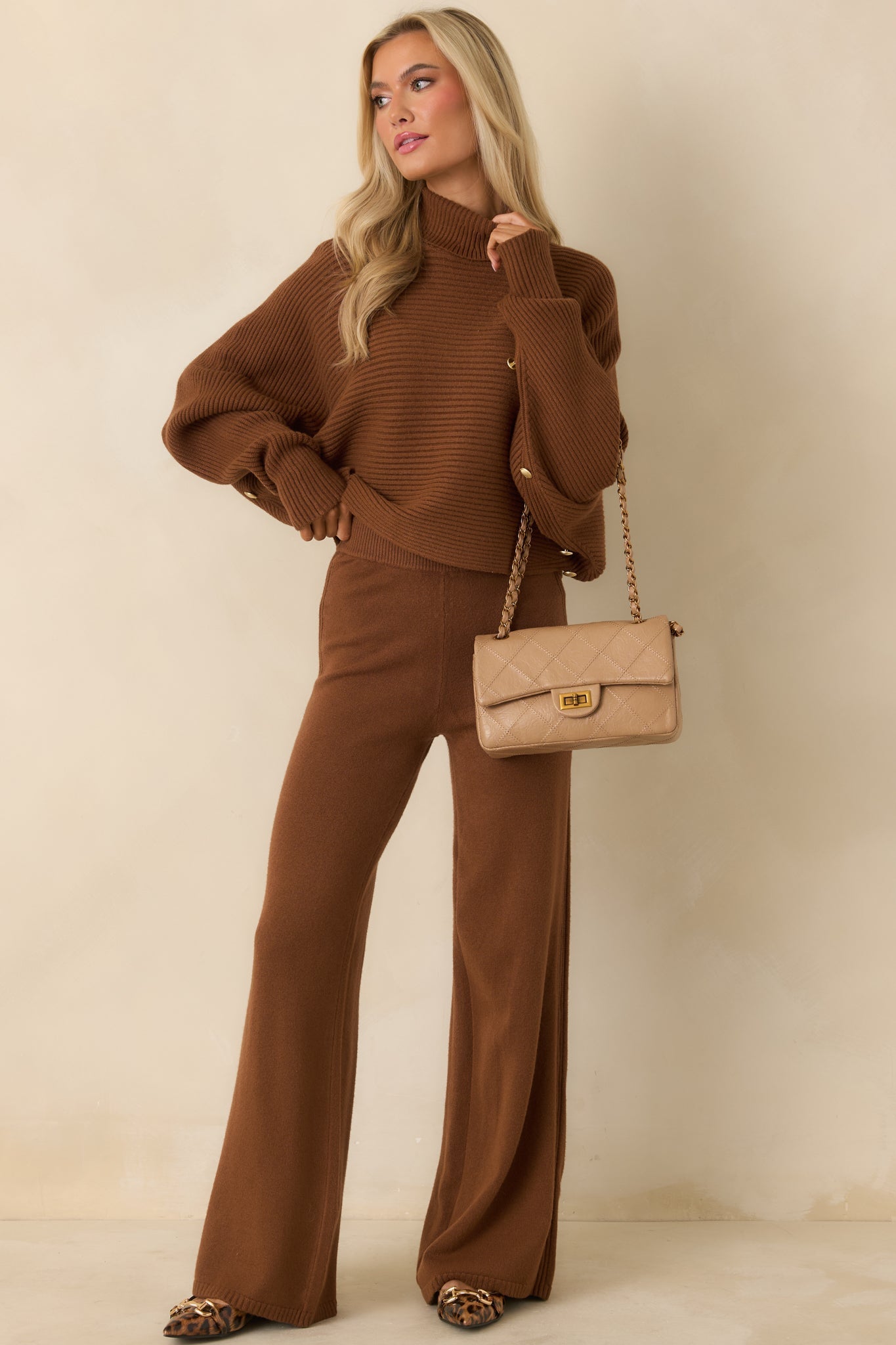 Women's Polished Path Brown Knit Wide Leg Pants | 50% Viscose 2