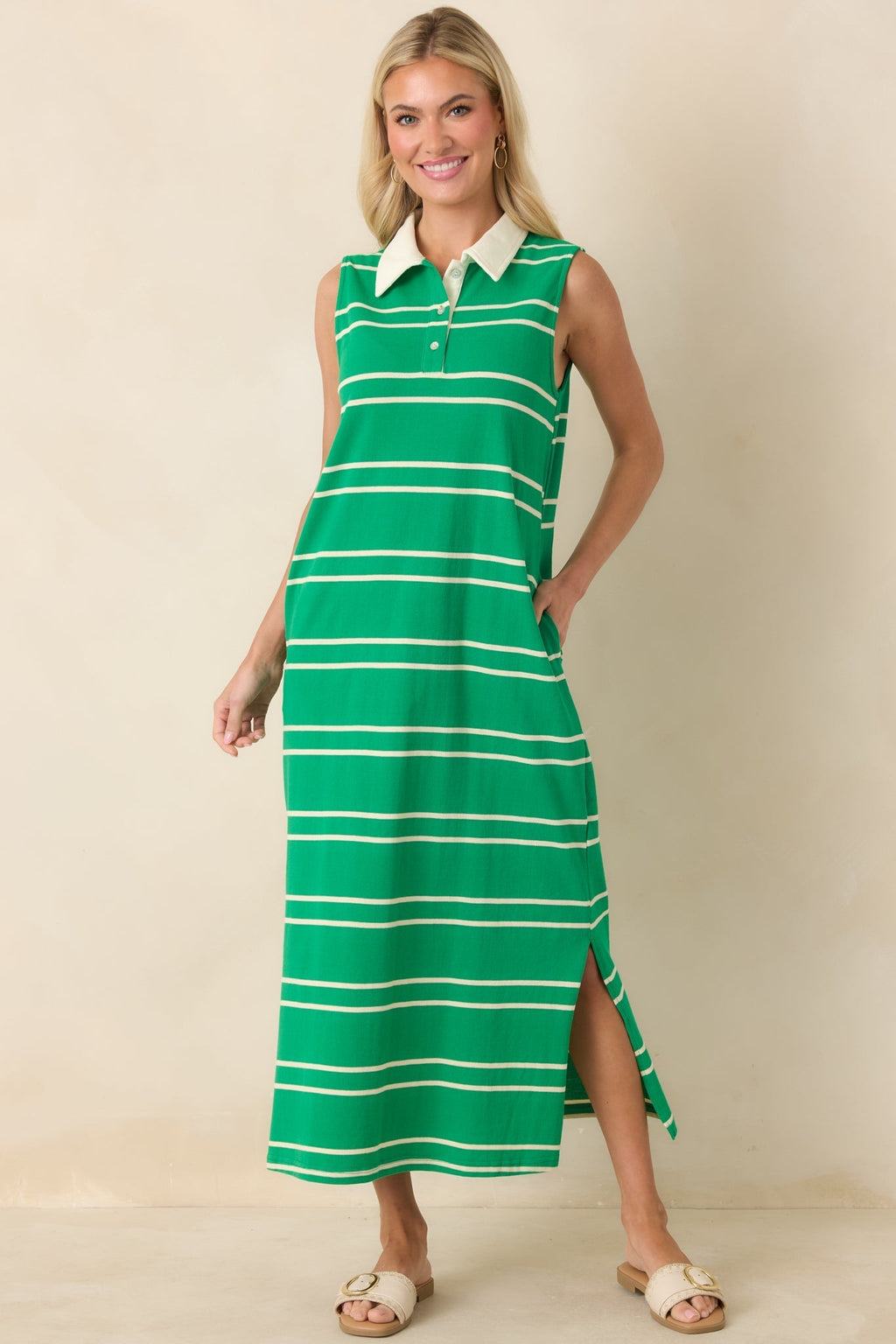 Women's Polished Play Green Stripe Cotton Sleeveless Maxi Dress | 100% Cotton Contrast: 85% Cotton & 15% Polyester 0
