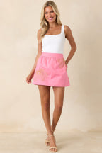 Women's Pop of Play Pink Contrast Embroidered Cotton Mini Skirt | 100% Cotton 4