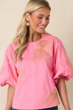 Women's Pop of Play Pink Contrast Embroidered Cotton Top | 100% Cotton 5