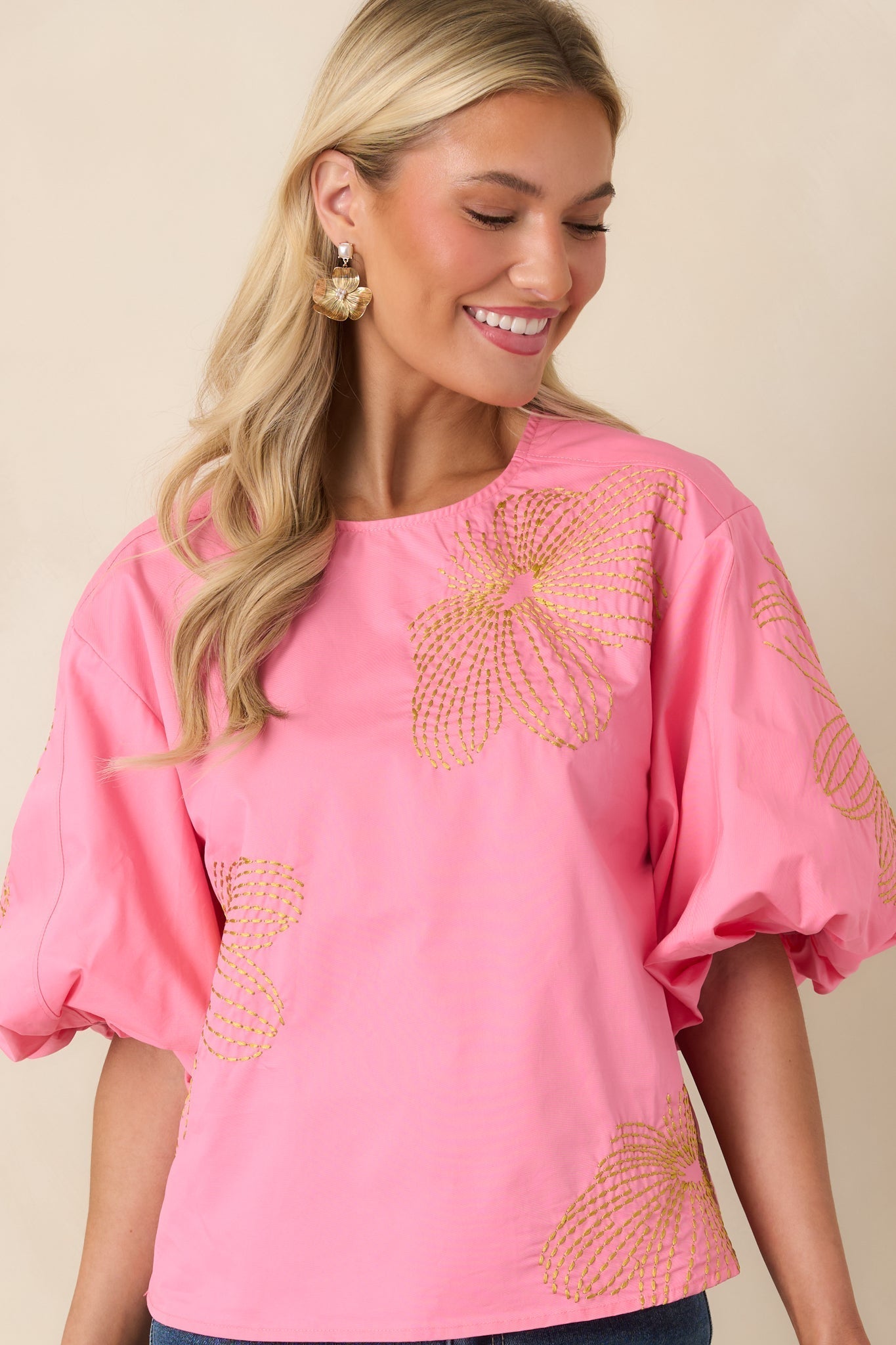 Women's Pop of Play Pink Contrast Embroidered Cotton Top | 100% Cotton 5