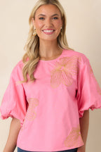 Women's Pop of Play Pink Contrast Embroidered Cotton Top | 100% Cotton 6