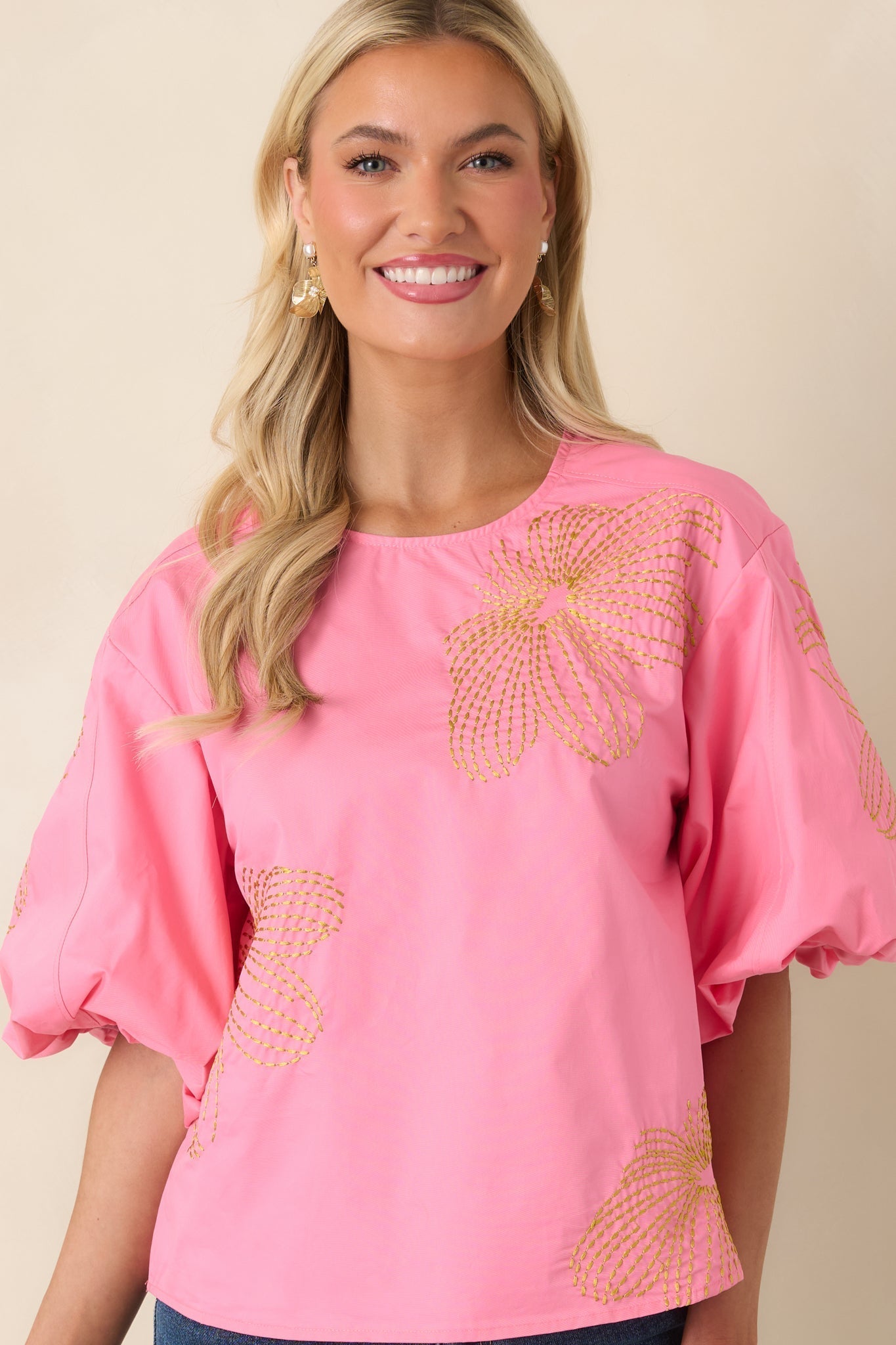 Women's Pop of Play Pink Contrast Embroidered Cotton Top | 100% Cotton 6