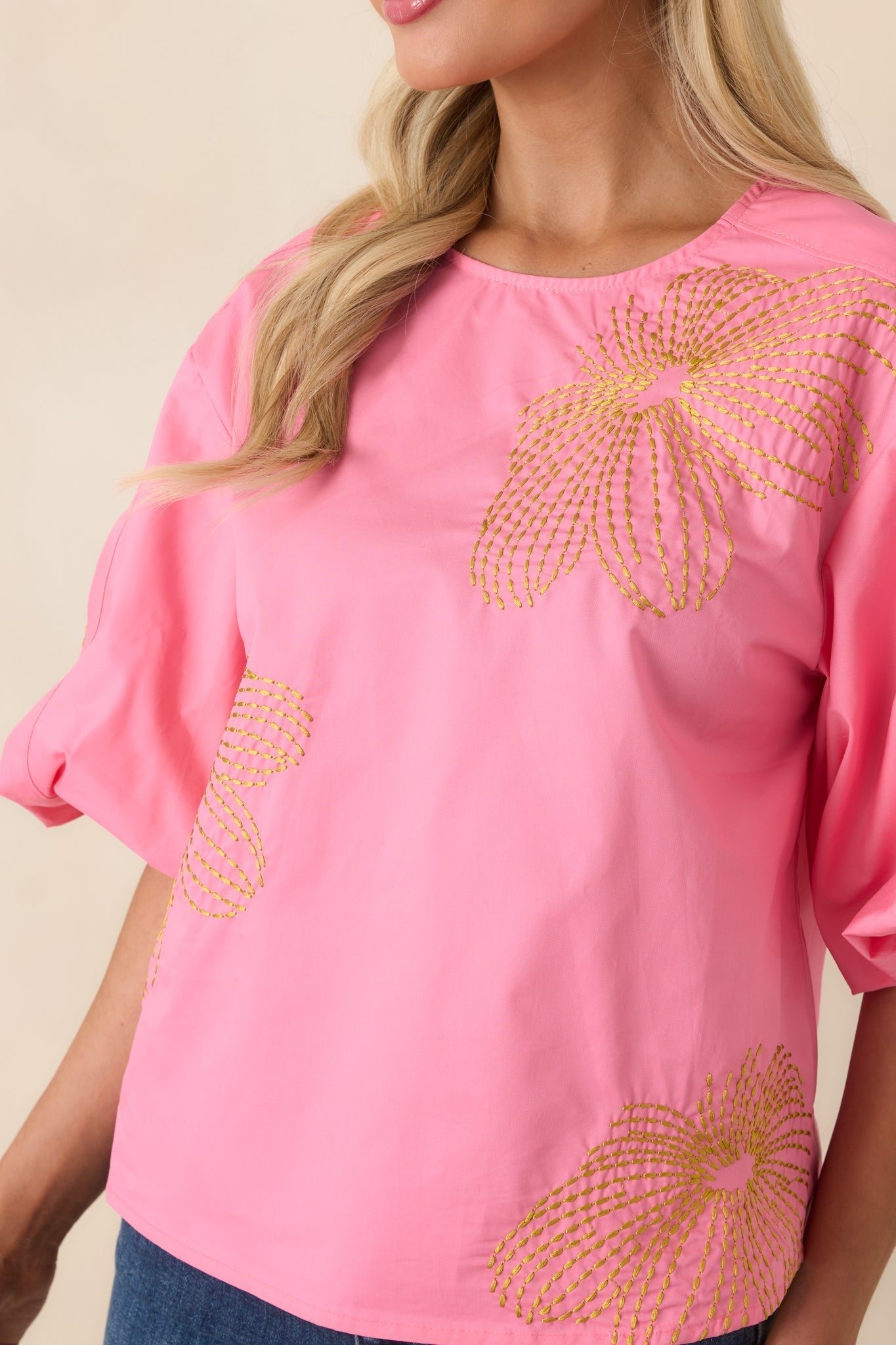 Women's Pop of Play Pink Contrast Embroidered Cotton Top | 100% Cotton 7