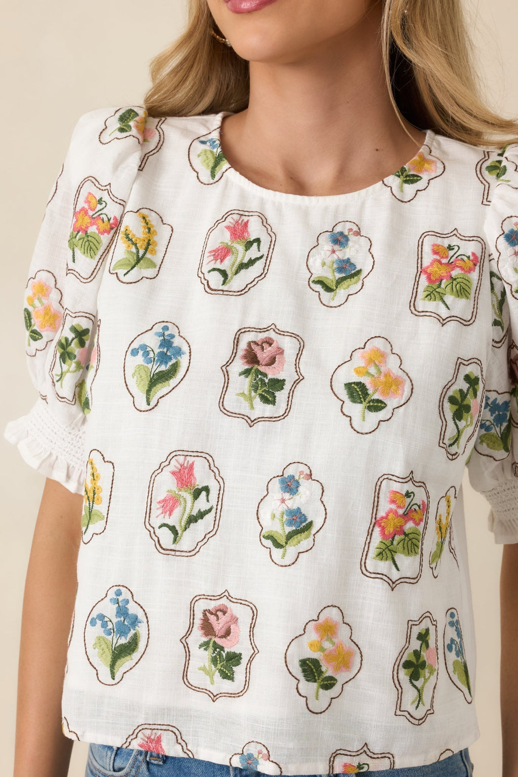Women's Pressed Flowers & Porcelain Ivory Multi Cotton Embroidered Floral Top | 100% Cotton Contrast: 100% Cotton 5