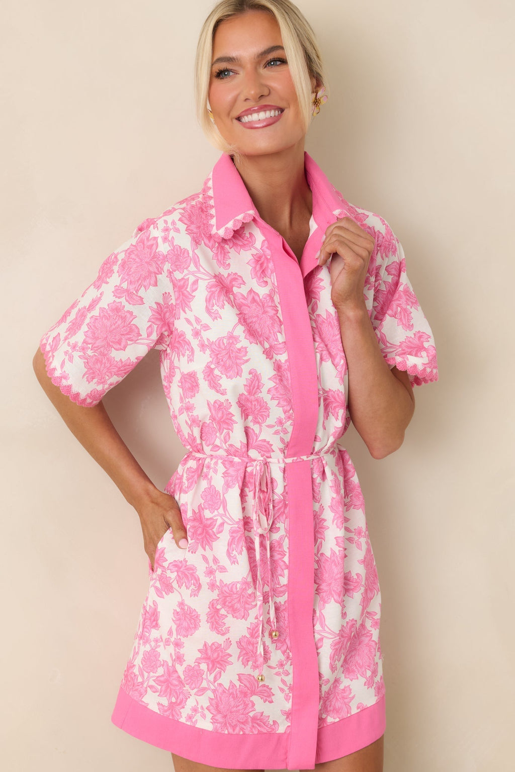 Women's Pretty Impressive Pink & Ivory Floral Cotton Linen Mini Shirt Dress | 70% Cotton & 30% Linen Contrast: 45% Cotto 0