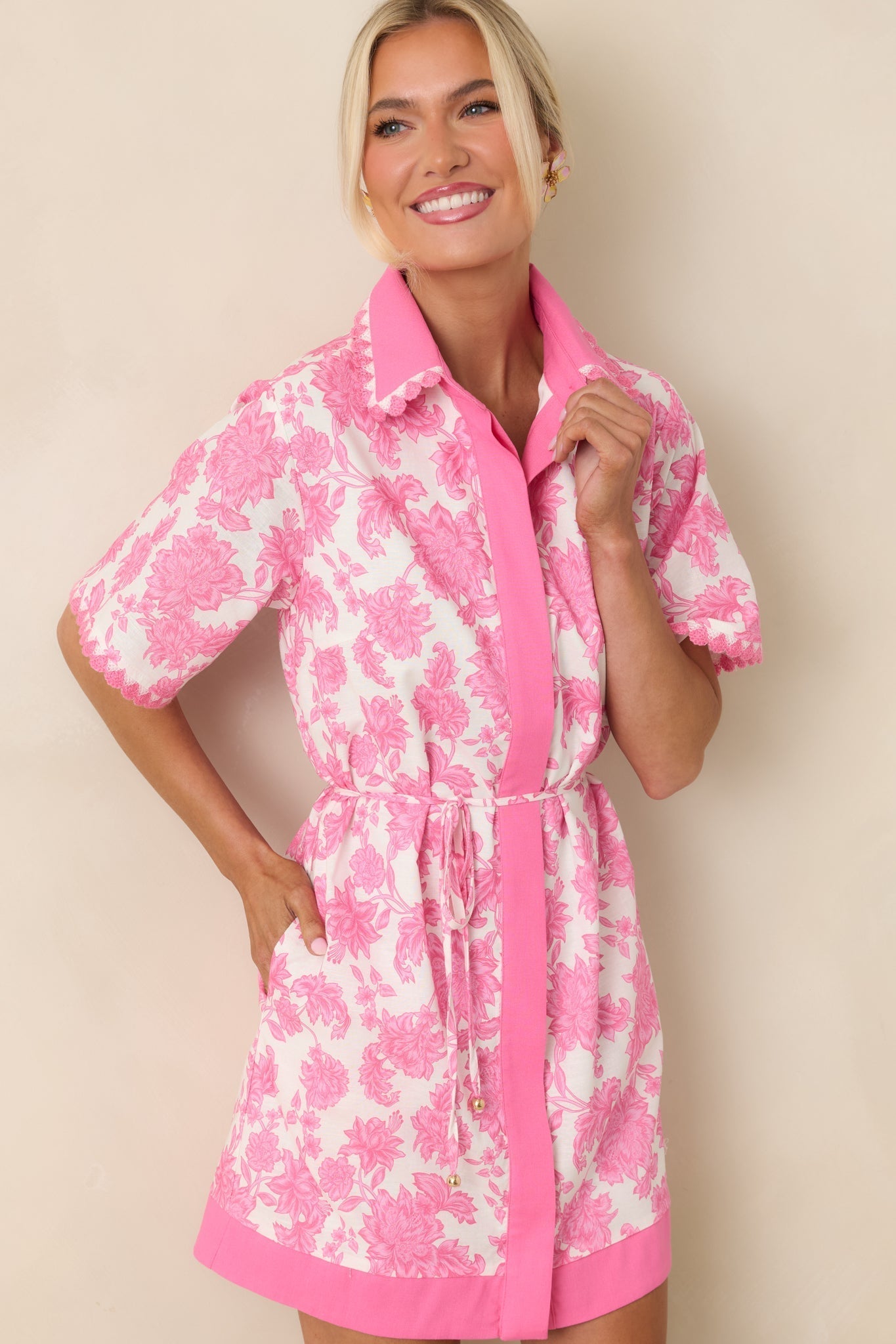 Women's Pretty Impressive Pink & Ivory Floral Cotton Linen Mini Shirt Dress | 70% Cotton & 30% Linen Contrast: 45% Cotto 0