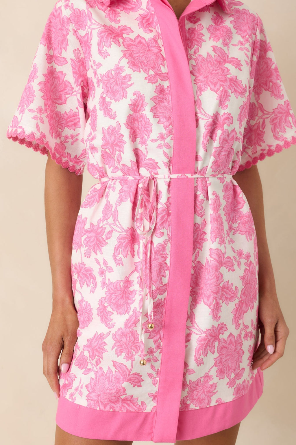 Women's Pretty Impressive Pink & Ivory Floral Cotton Linen Mini Shirt Dress | 70% Cotton & 30% Linen Contrast: 45% Cotto 2