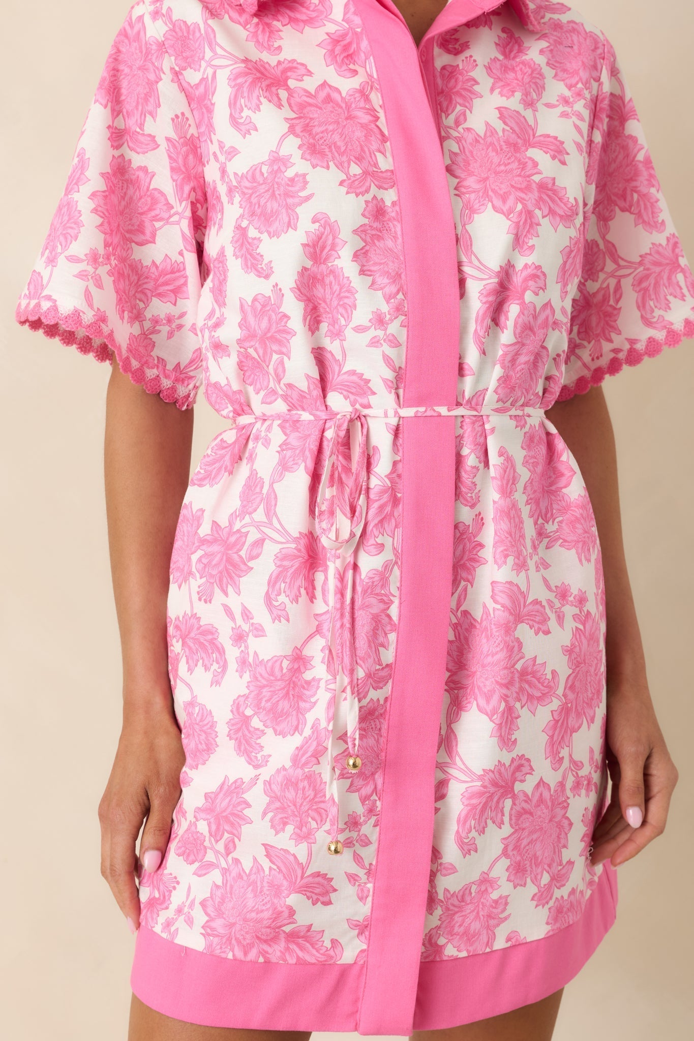 Women's Pretty Impressive Pink & Ivory Floral Cotton Linen Mini Shirt Dress | 70% Cotton & 30% Linen Contrast: 45% Cotto 2