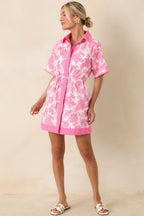 Women's Pretty Impressive Pink & Ivory Floral Cotton Linen Mini Shirt Dress | 70% Cotton & 30% Linen Contrast: 45% Cotto 3