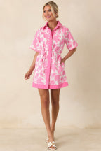 Women's Pretty Impressive Pink & Ivory Floral Cotton Linen Mini Shirt Dress | 70% Cotton & 30% Linen Contrast: 45% Cotto 4