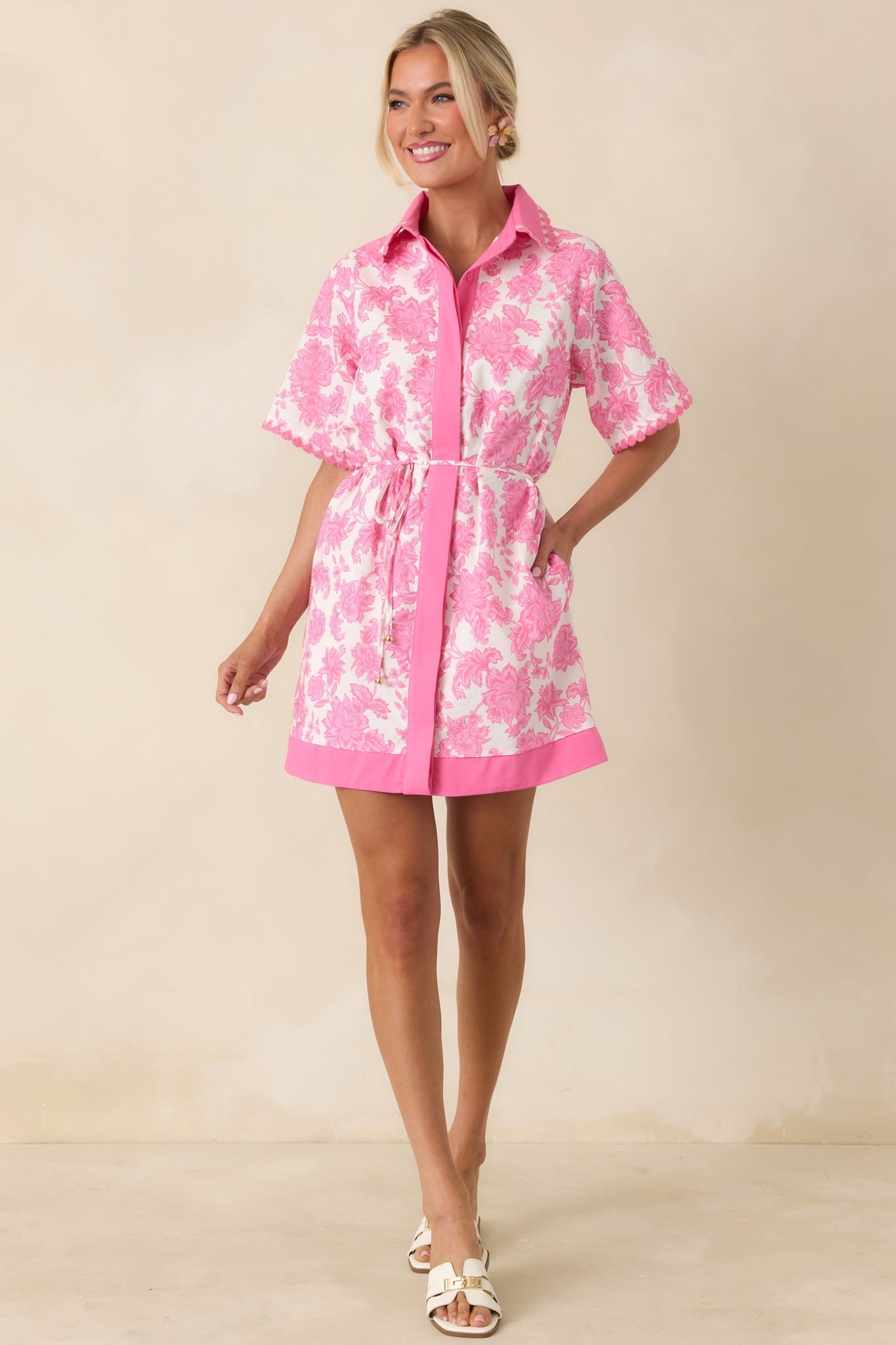 Women's Pretty Impressive Pink & Ivory Floral Cotton Linen Mini Shirt Dress | 70% Cotton & 30% Linen Contrast: 45% Cotto 4