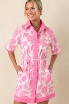 Women's Pretty Impressive Pink & Ivory Floral Cotton Linen Mini Shirt Dress | 70% Cotton & 30% Linen Contrast: 45% Cotto 6