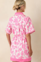 Women's Pretty Impressive Pink & Ivory Floral Cotton Linen Mini Shirt Dress | 70% Cotton & 30% Linen Contrast: 45% Cotto 7