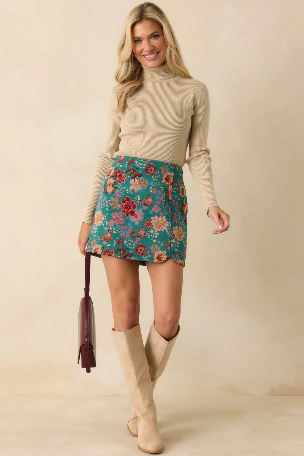 Women's Pretty Please Teal Green Floral Print Mini Skirt | 80% Polyester & 20% Cotton 4