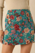 Women's Pretty Please Teal Green Floral Print Mini Skirt | 80% Polyester & 20% Cotton 5