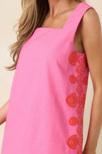Women's Pretty With a Punch Pink & Poppy Red Contrast Embroidered Mini Dress | 70% Cotton & 30% Linen 1