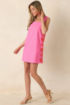 Women's Pretty With a Punch Pink & Poppy Red Contrast Embroidered Mini Dress | 70% Cotton & 30% Linen 4