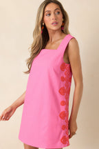 Women's Pretty With a Punch Pink & Poppy Red Contrast Embroidered Mini Dress | 70% Cotton & 30% Linen 5