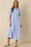 Women's Pretty in Pinstripes Blue Cotton Stripe Button Front Maxi Shirt Dress | 100% Cotton 0