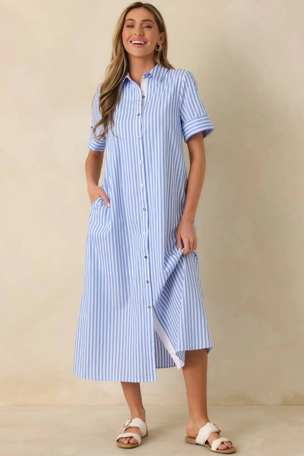 Women's Pretty in Pinstripes Blue Cotton Stripe Button Front Maxi Shirt Dress | 100% Cotton 4