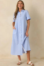 Women's Pretty in Pinstripes Blue Cotton Stripe Button Front Maxi Shirt Dress | 100% Cotton 4