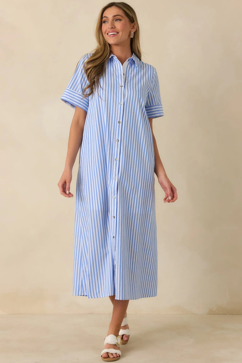Women's Pretty in Pinstripes Blue Cotton Stripe Button Front Maxi Shirt Dress | 100% Cotton 5