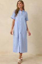 Women's Pretty in Pinstripes Blue Cotton Stripe Button Front Maxi Shirt Dress | 100% Cotton 5