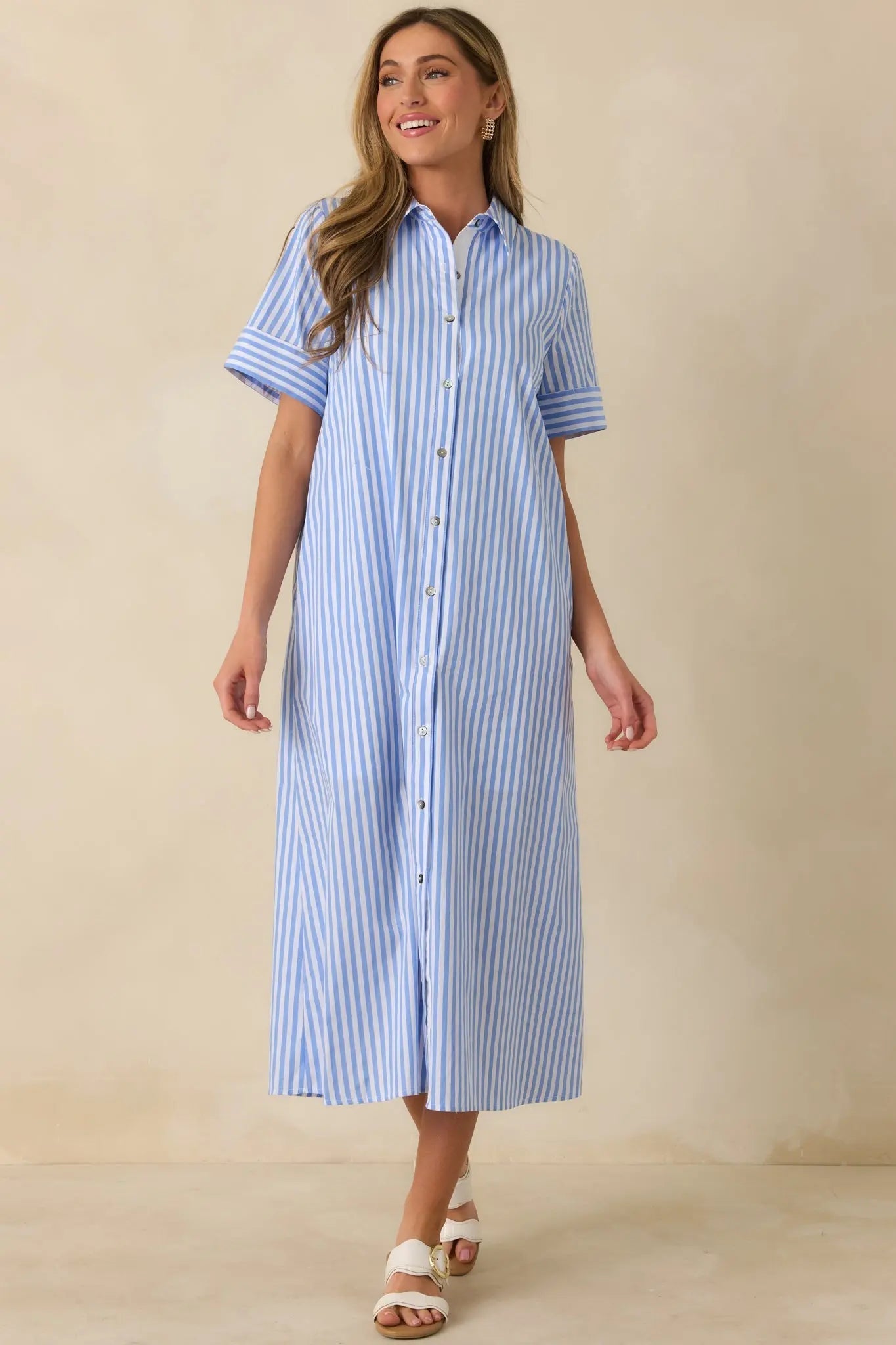Women's Pretty in Pinstripes Blue Cotton Stripe Button Front Maxi Shirt Dress | 100% Cotton 5