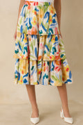 Women's Prosperina Chantilly Multi Cotton Abstract Floral Print Tiered Midi Skirt | 95% Cotton & 3% Spandex 0