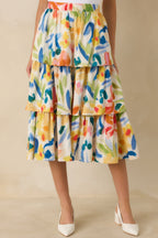 Women's Prosperina Chantilly Multi Cotton Abstract Floral Print Tiered Midi Skirt | 95% Cotton & 3% Spandex 0