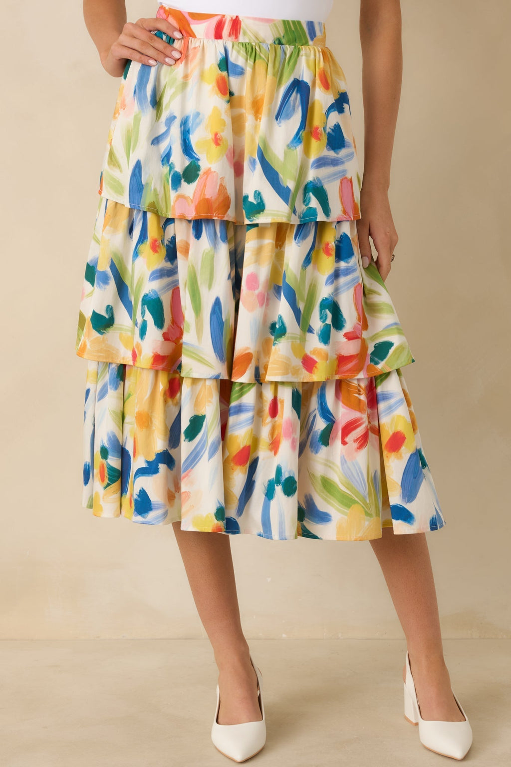 Women's Prosperina Chantilly Multi Cotton Abstract Floral Print Tiered Midi Skirt | 95% Cotton & 3% Spandex 2