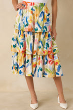 Women's Prosperina Chantilly Multi Cotton Abstract Floral Print Tiered Midi Skirt | 95% Cotton & 3% Spandex 2