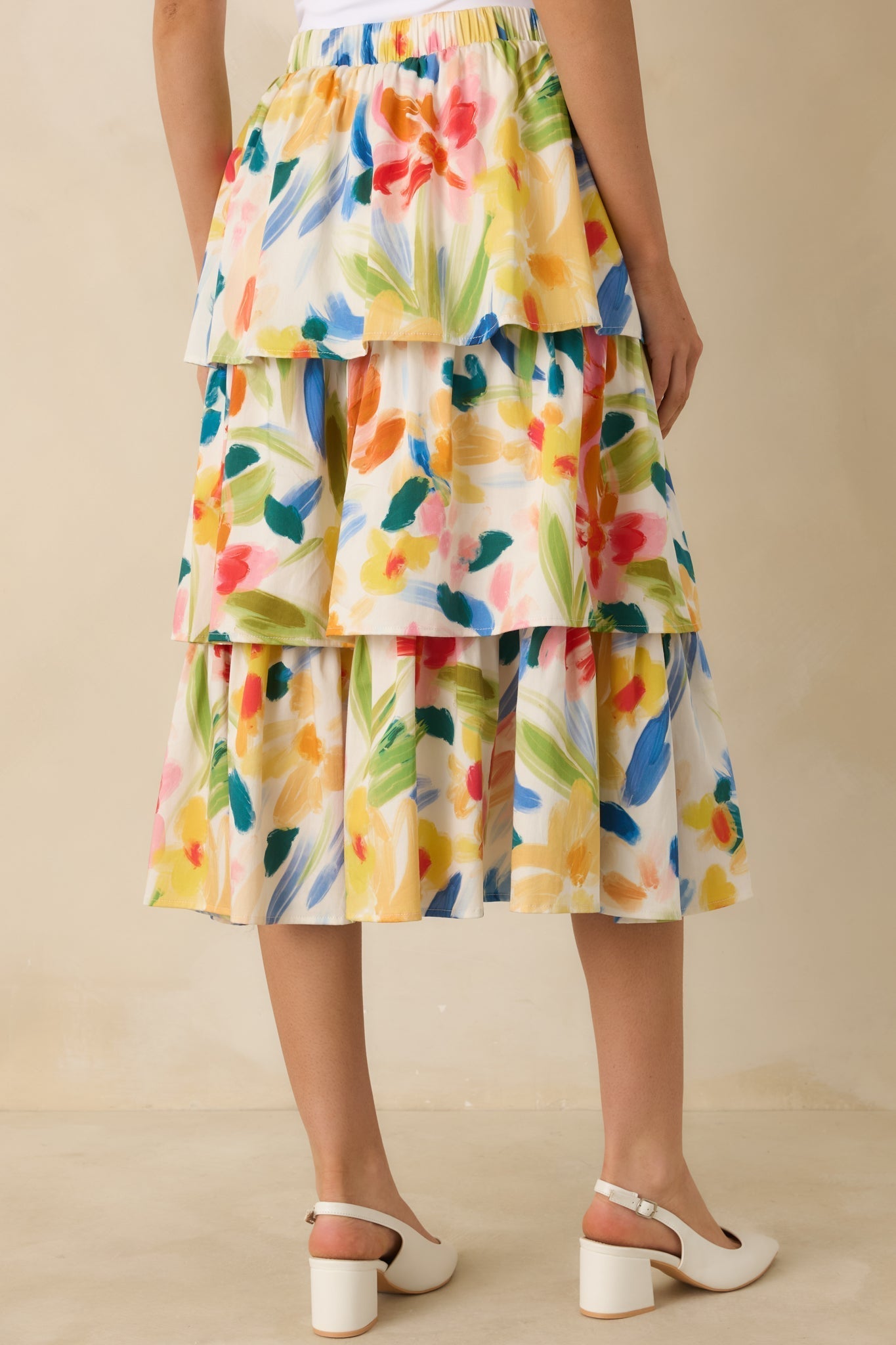 Women's Prosperina Chantilly Multi Cotton Abstract Floral Print Tiered Midi Skirt | 95% Cotton & 3% Spandex 4