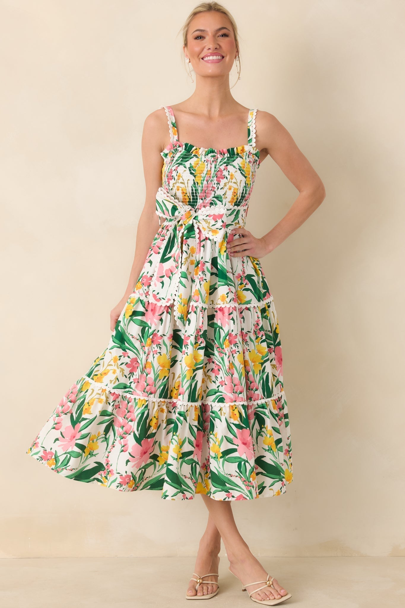 Women's Prosperina Darcy Green & Pink Multi Floral Cotton Midi Dress | 100% Cotton 0