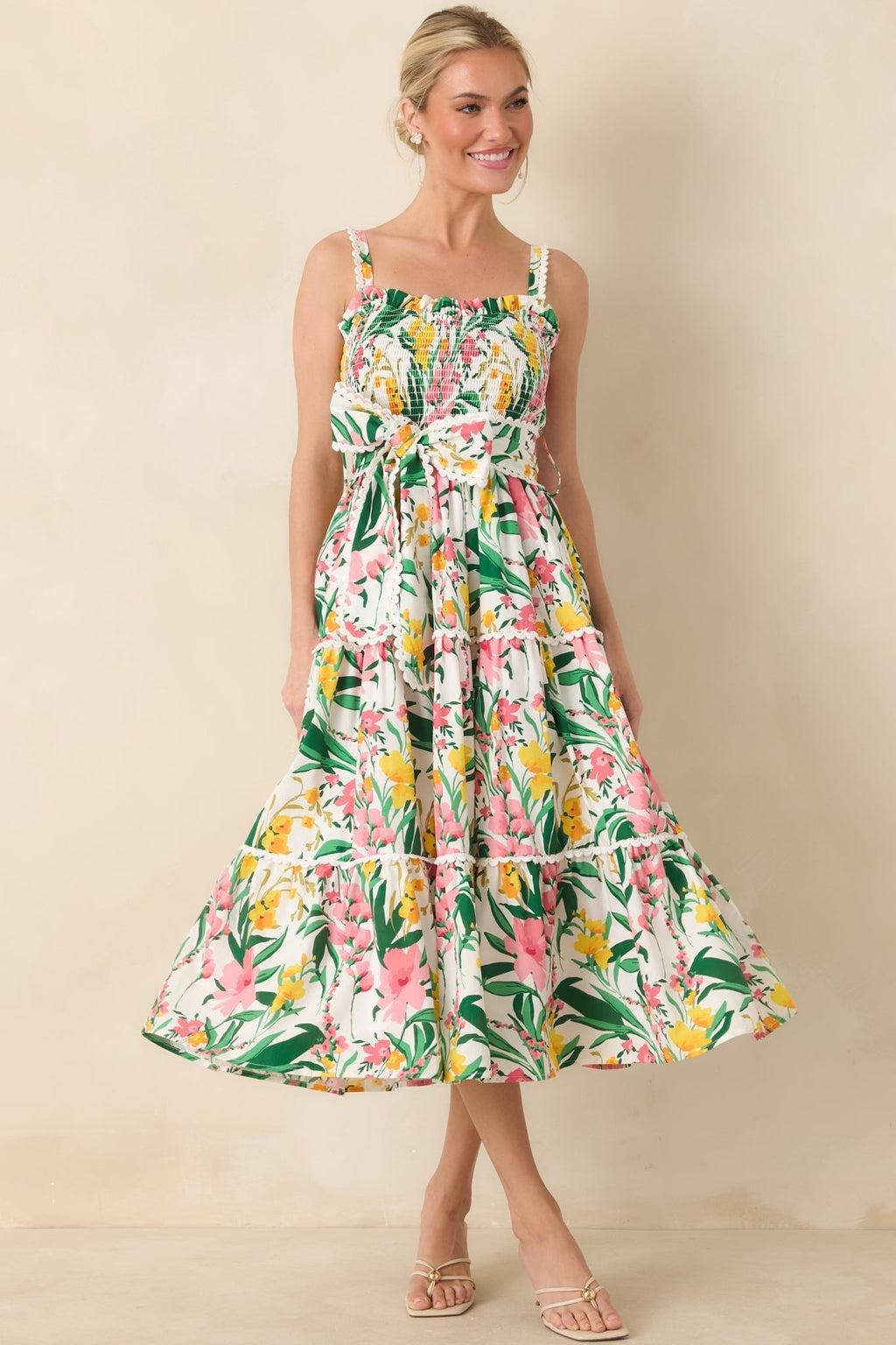 Women's Prosperina Darcy Green & Pink Multi Floral Cotton Midi Dress | 100% Cotton 3
