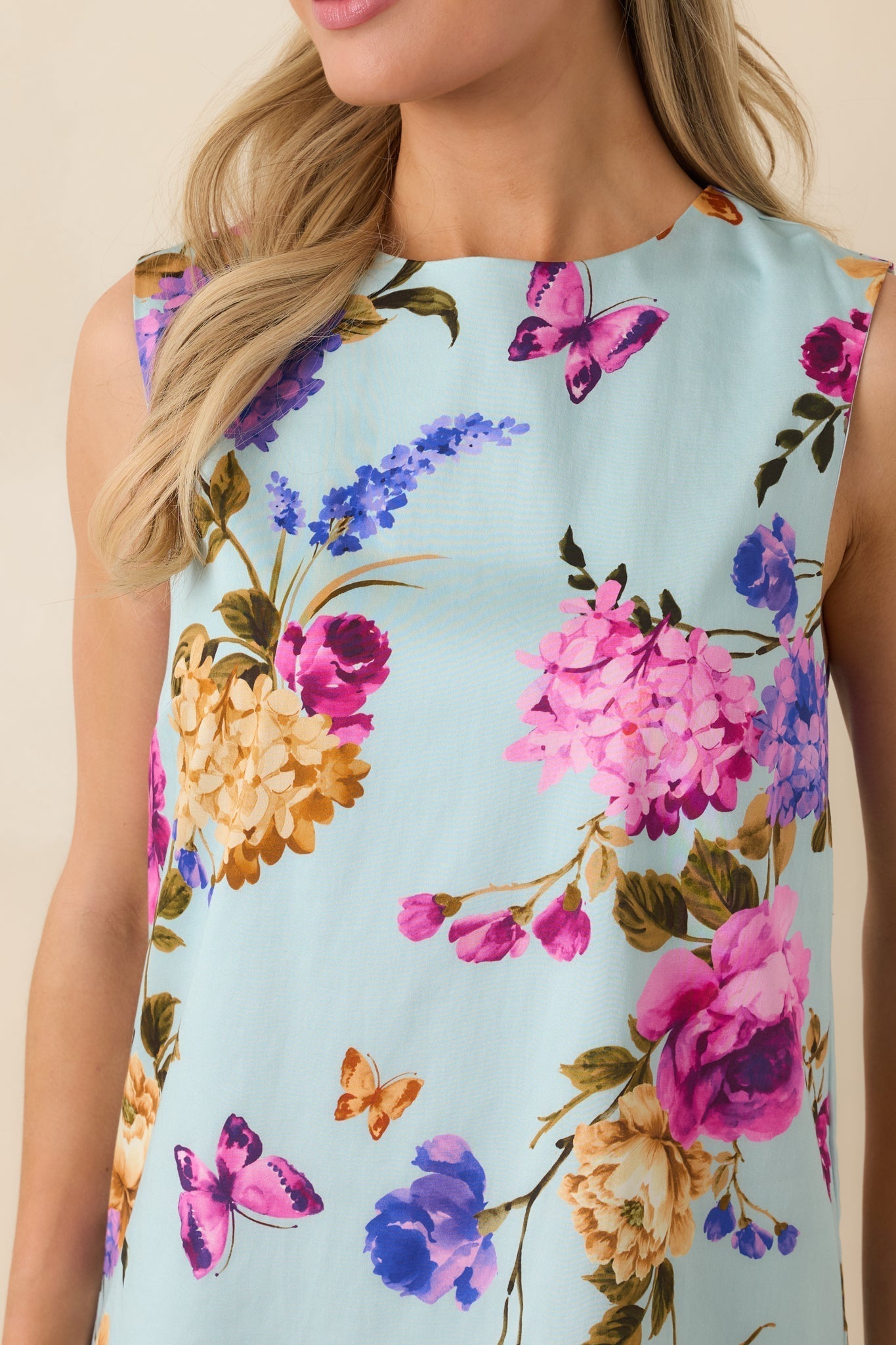 Women's Prosperina Emily Blue Multi Floral Cotton Shift Mini Dress | 98% Cotton & 2% Spandex 2