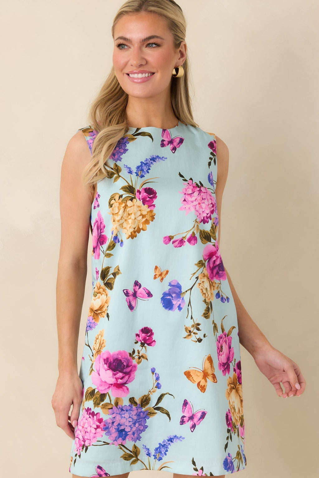 Women's Prosperina Emily Blue Multi Floral Cotton Shift Mini Dress | 98% Cotton & 2% Spandex 5