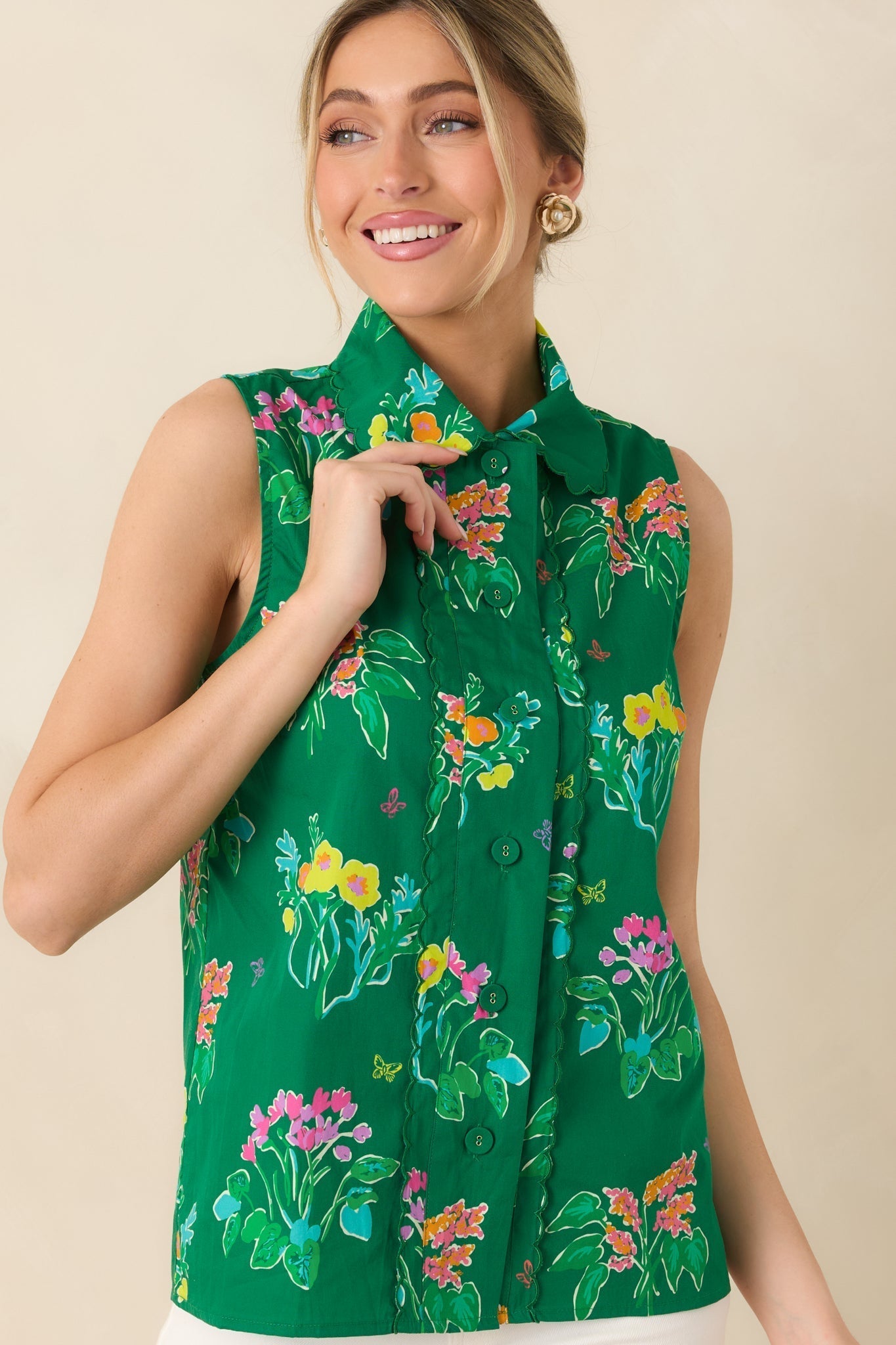 Women's Prosperina Hope Green Multi Floral Cotton Sleeveless Top | 100% Cotton 1