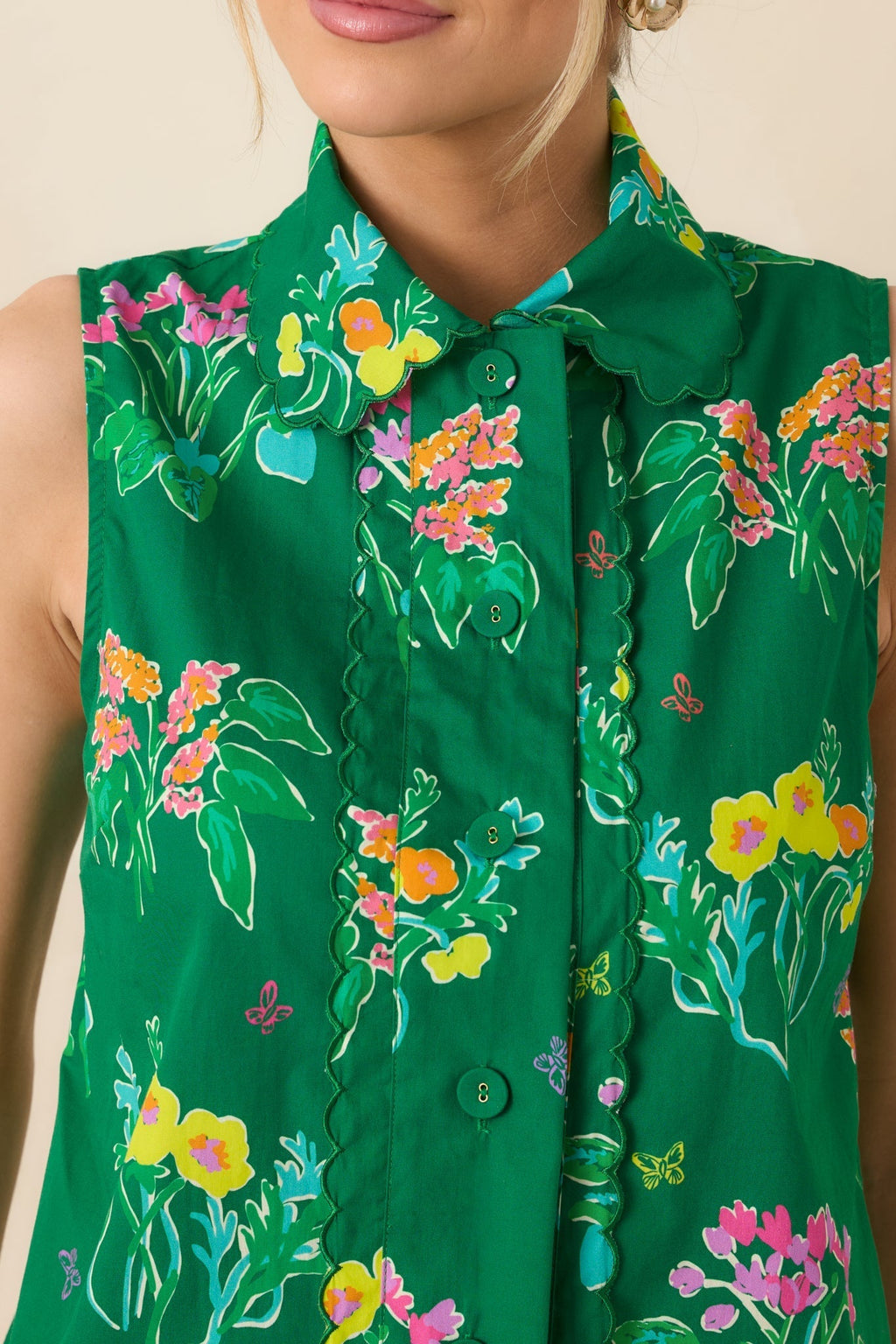 Women's Prosperina Hope Green Multi Floral Cotton Sleeveless Top | 100% Cotton 2