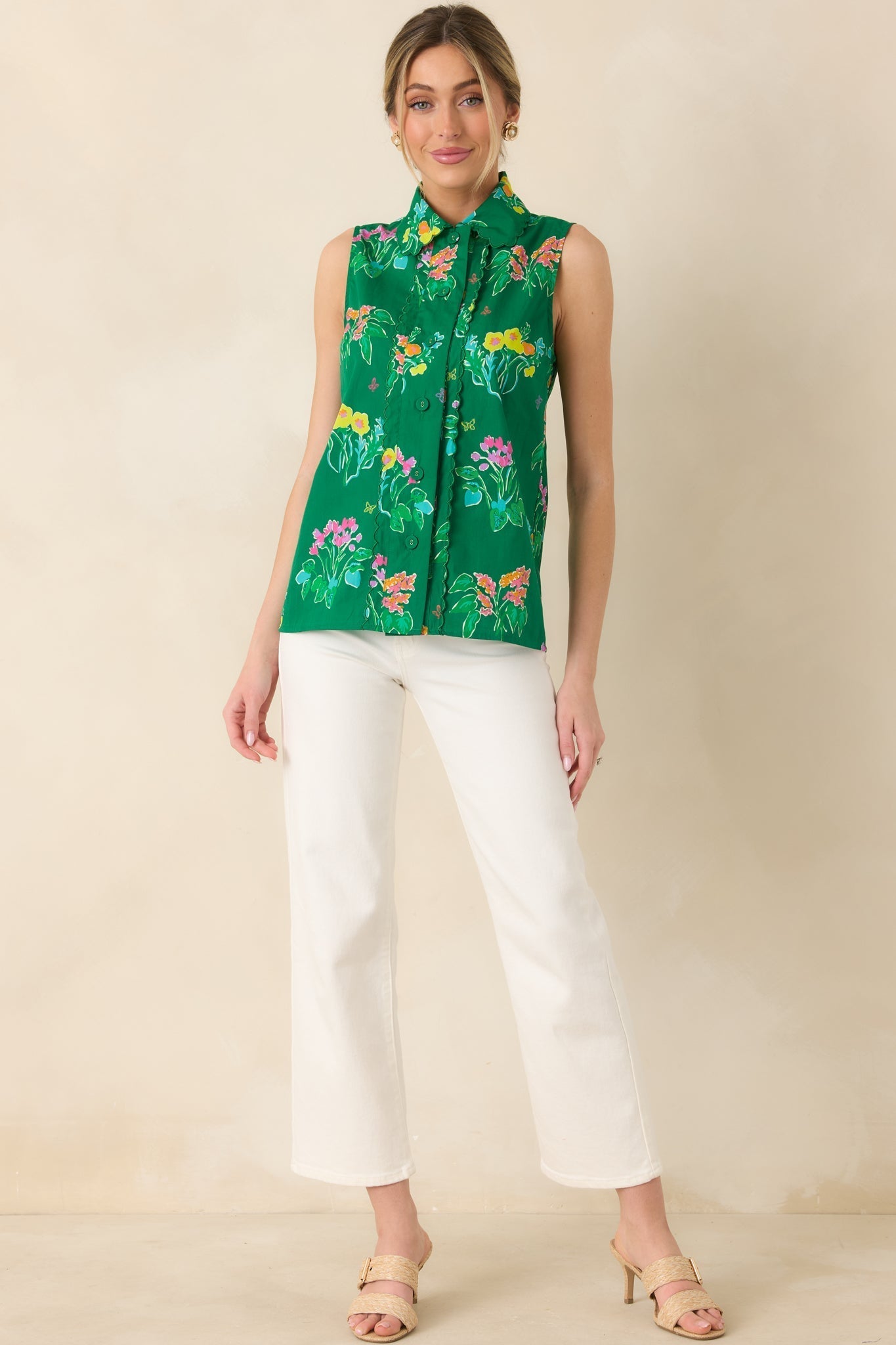 Women's Prosperina Hope Green Multi Floral Cotton Sleeveless Top | 100% Cotton 3