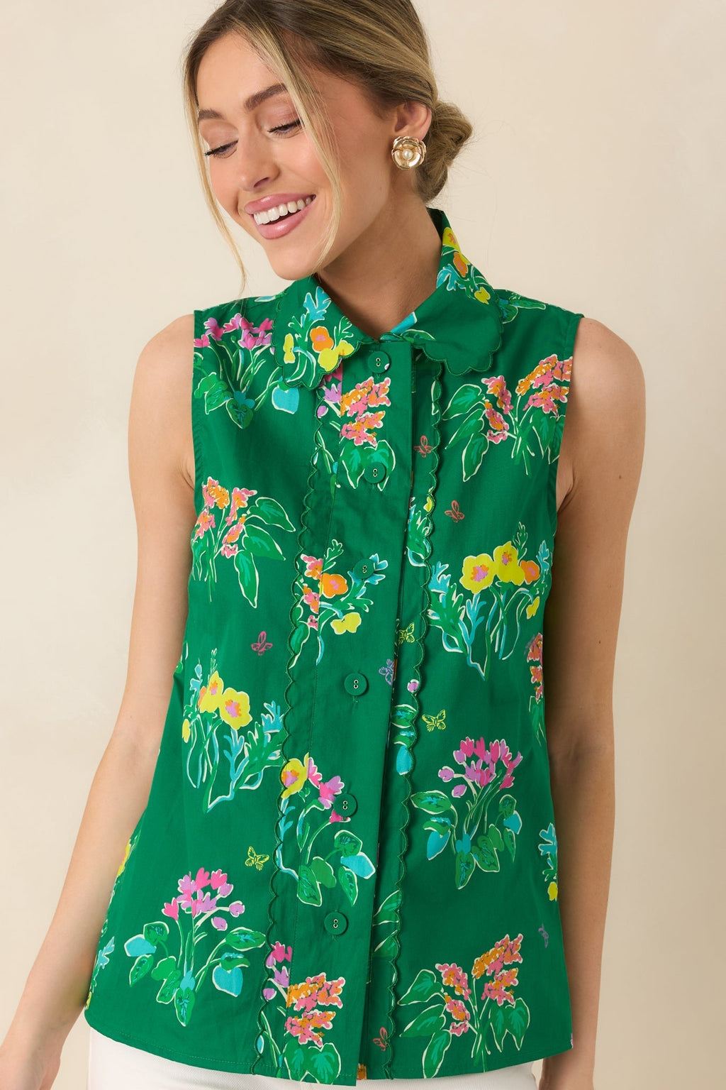 Women's Prosperina Hope Green Multi Floral Cotton Sleeveless Top | 100% Cotton 4