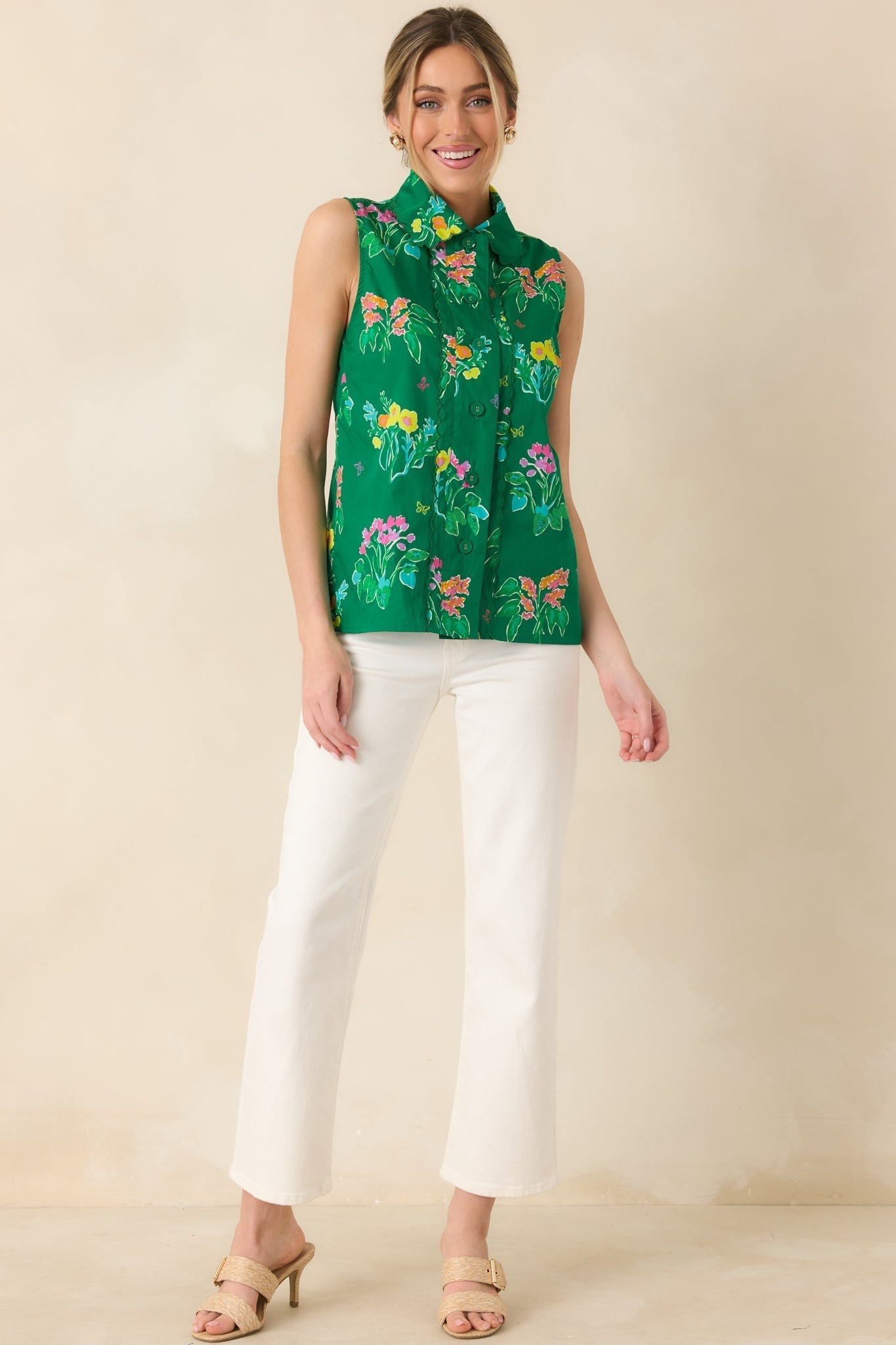Women's Prosperina Hope Green Multi Floral Cotton Sleeveless Top | 100% Cotton 6