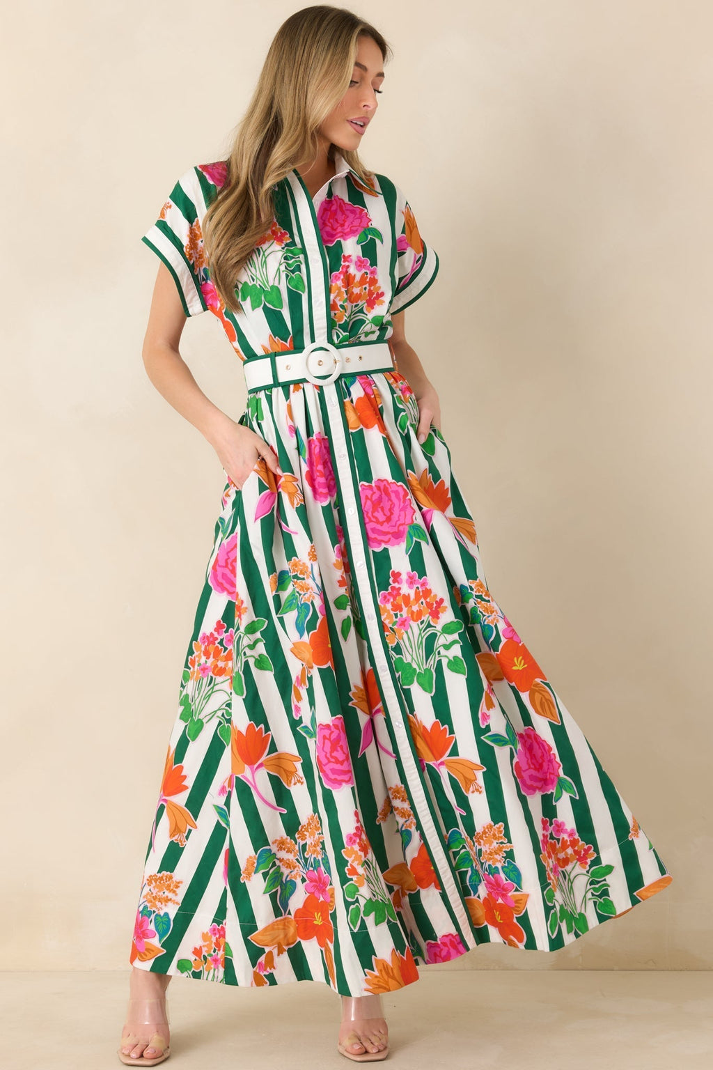 Women's Prosperina Jocelyn Green Multi Floral Stripe Cotton Maxi Dress | 100% Cotton Contrast: 100% Cotton 5
