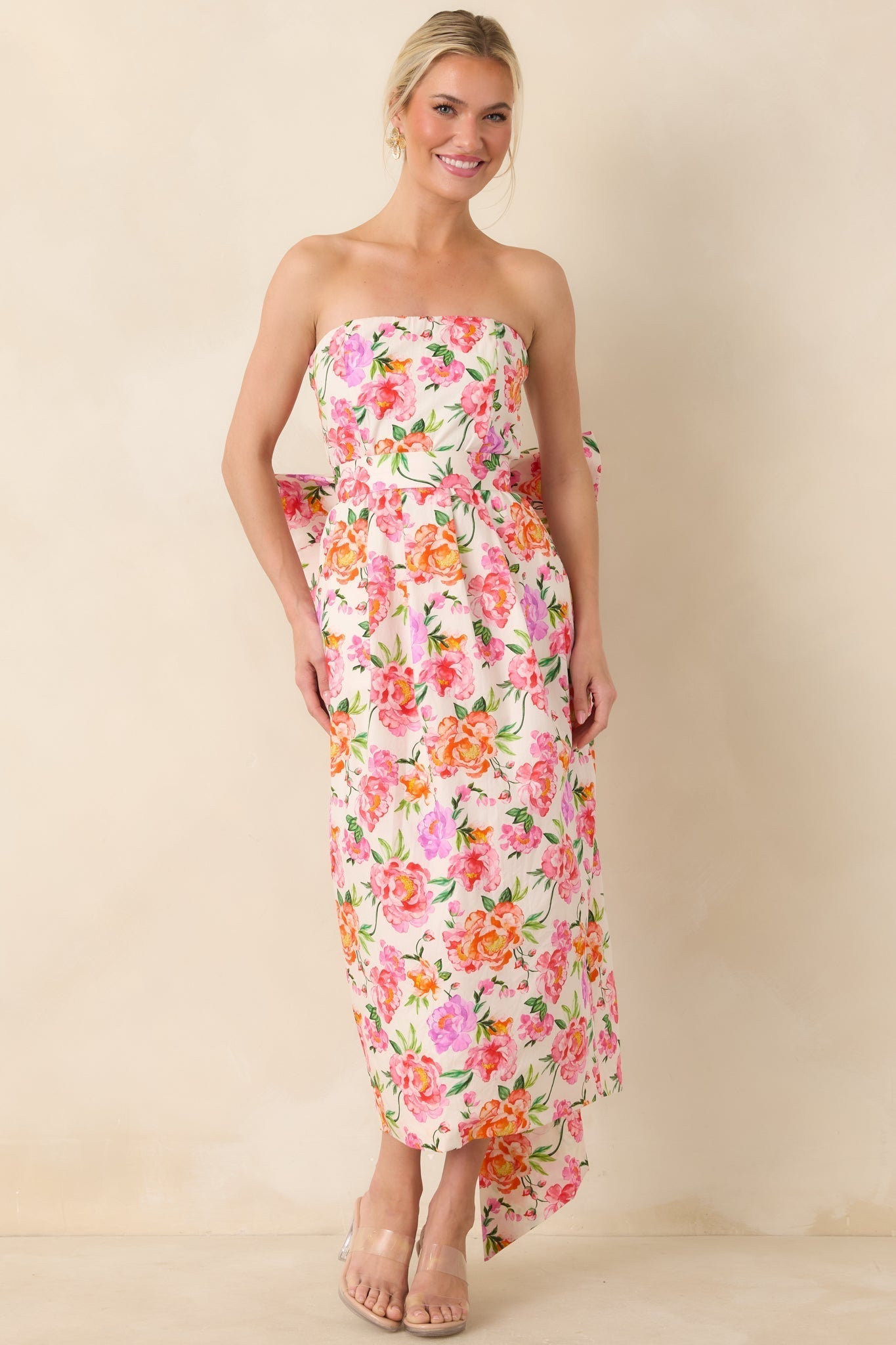 Women's Prosperina Lisette Pink Multi Floral Cotton Strapless Midi Dress | 100% Cotton 3