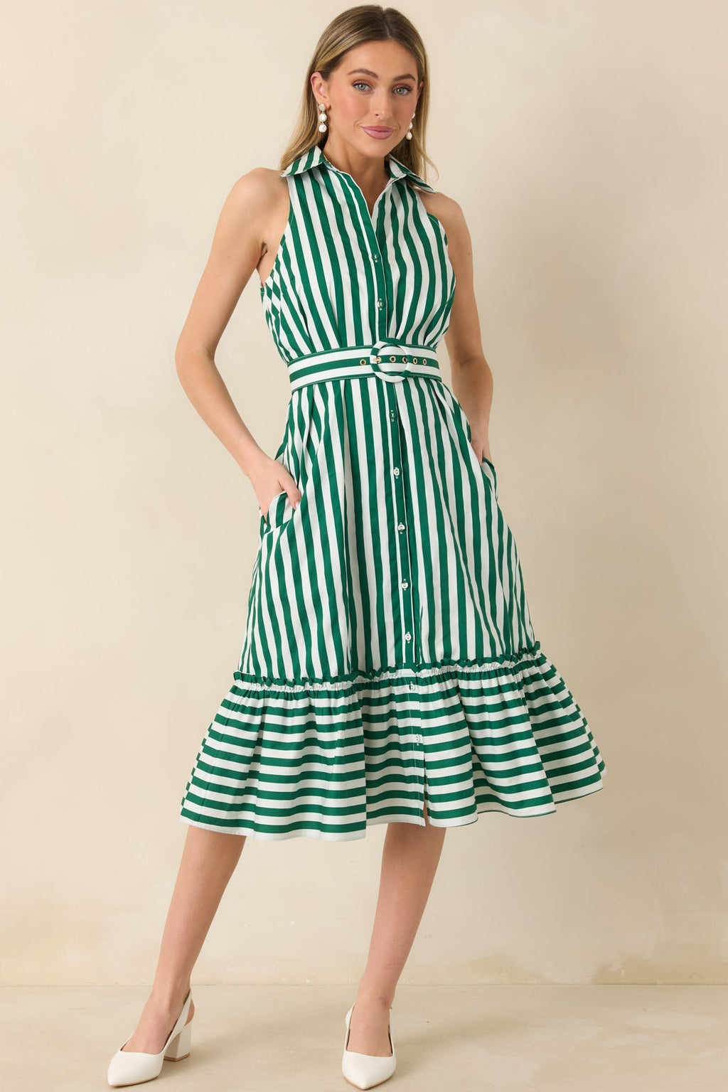 Women's Prosperina Lourdes Green Stripe Cotton Sleeveless Midi Dress | 100% Cotton 0
