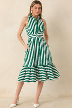 Women's Prosperina Lourdes Green Stripe Cotton Sleeveless Midi Dress | 100% Cotton 0